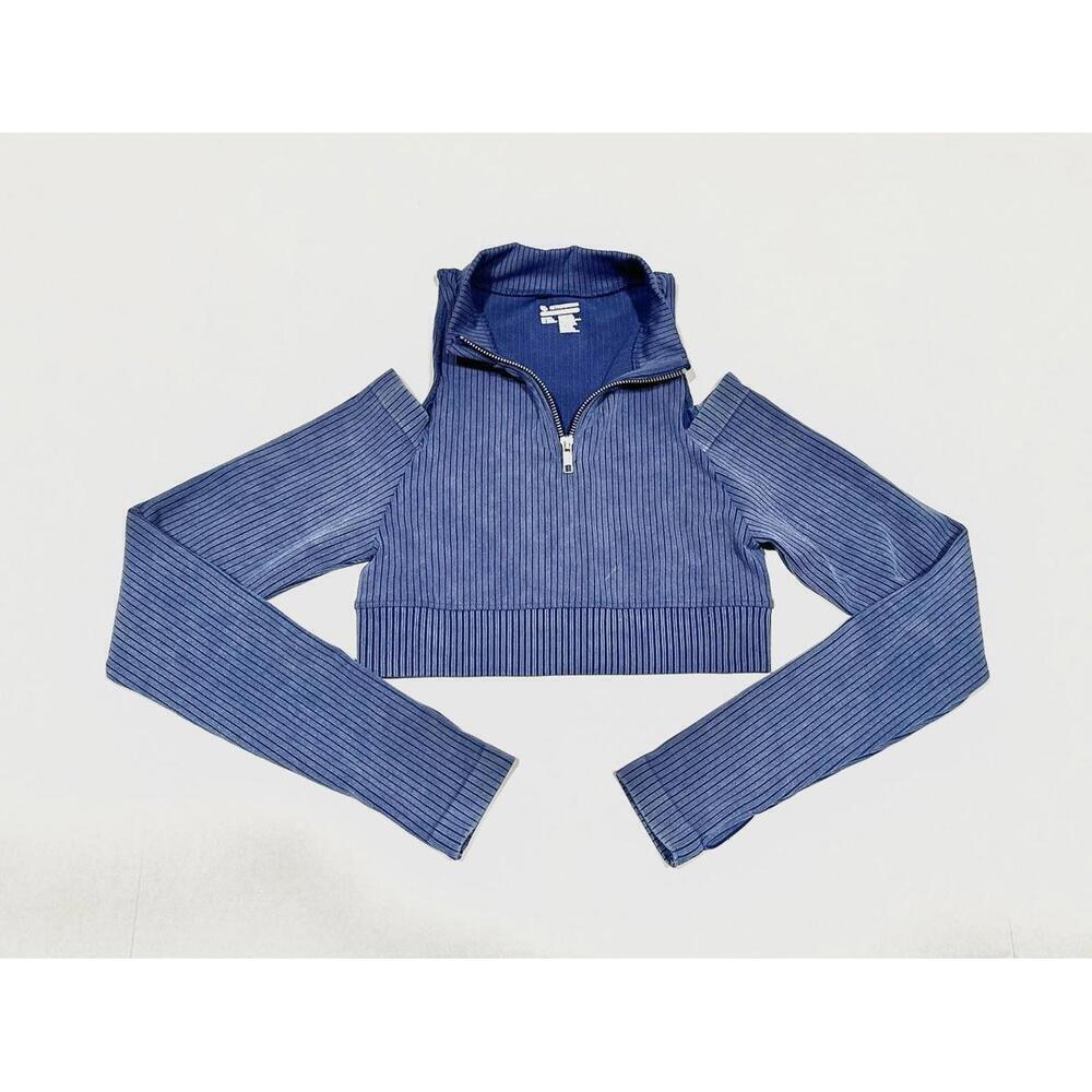 NEW Astroremiges Womens Workout Top Cutout Long Sleeve Nebula Blue Size L 12-14